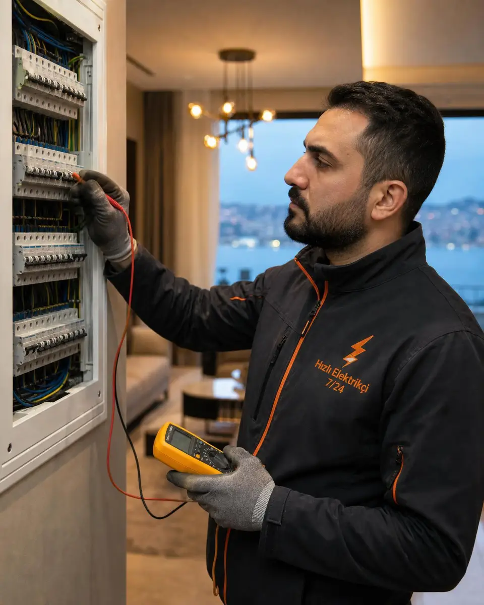 Hızlı Elektrikçi 7/24 — 7/24 elektrik servisi Hızlı Elektrikçi 7/24 ustası modern bir dairenin elektrik panosunda multimetre ile ölçüm yapıyor